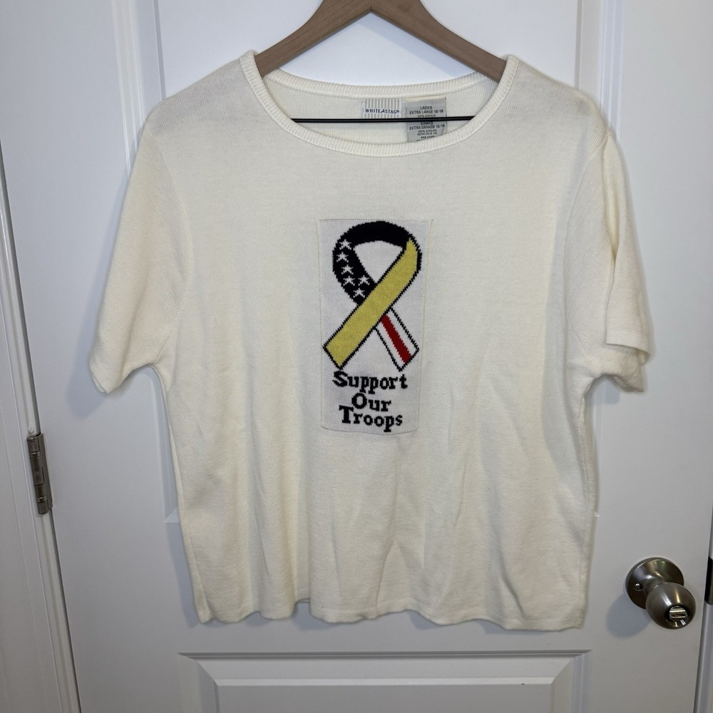 VTG White Stang Support Our Troops Cropped Sweater T-shirt Women's XL Patriotic